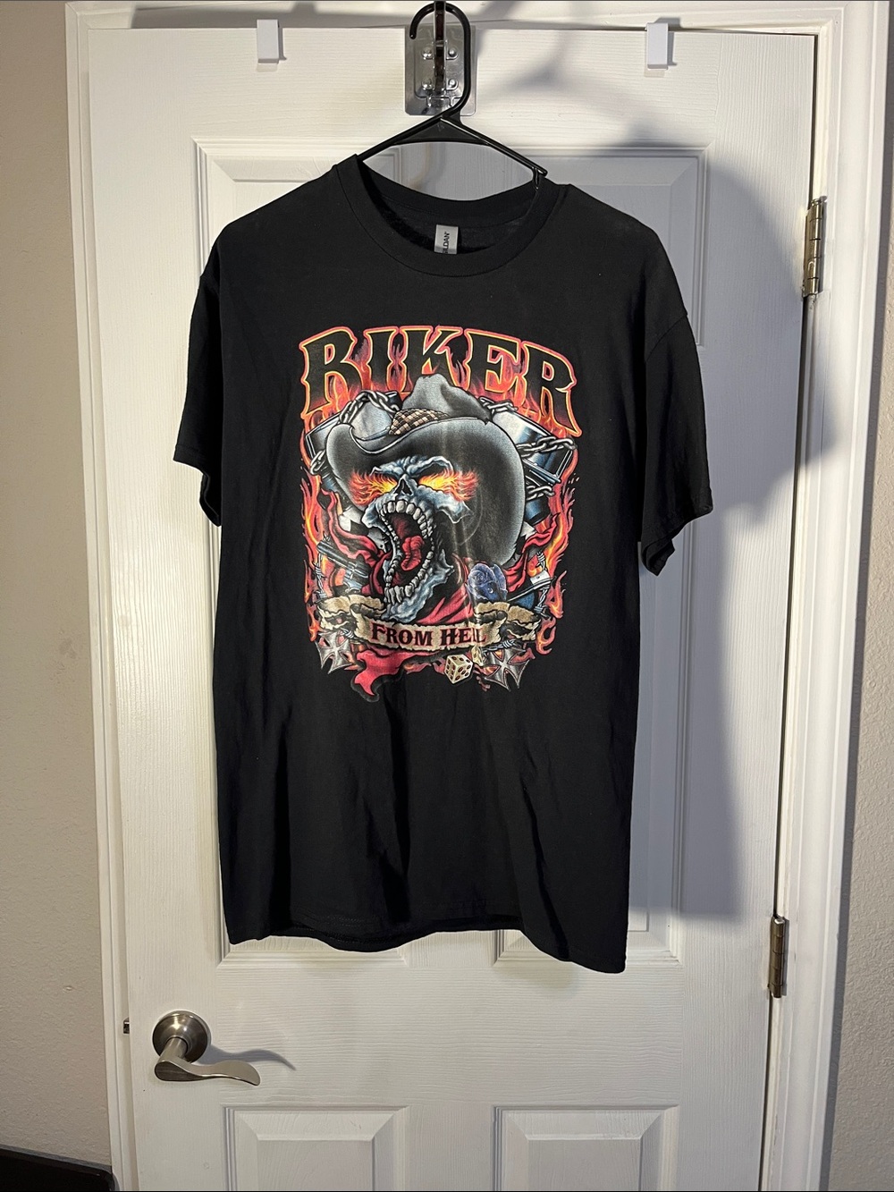 Gildan Black 'Biker From Hell' Graphic Tee with Red and Orange Flames